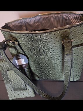 Women’s Olive Green Faux Ostrich Tote‎ Bag - 2 Piece Set